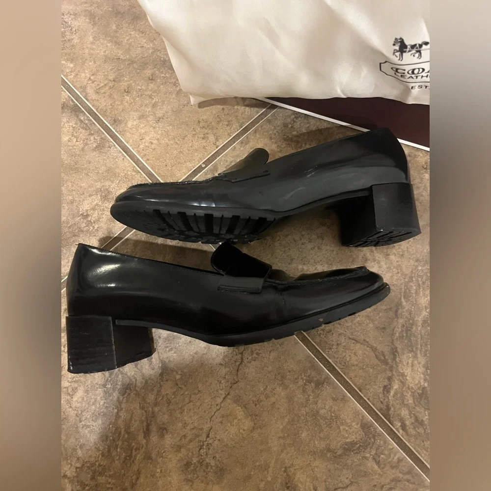 Coach Leather Black Patent Block Heeled Penny Loafer Shoes - Picture 4 of 10